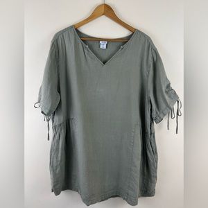XL 100% Linen Sigrid Olsen Minimalist Lagenlook Tied Sleeves Boho V-Neck Tunic